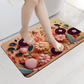 1 Piece Anti-Skid Water Soaking 3D Flower Print Bathroom Mat, Water Absorbent Mat (40x60cm) (Orange Flower Print)