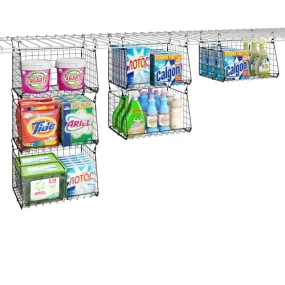 3-Tier Hanging Metal Laundry Basket：Foldable Laundry Room Organizer Wire Shelf Basket with 360°Rotating Hooks Space Saving Over Washer and Dryer Shelves - Closet Storage in Laundry Room Organizaton