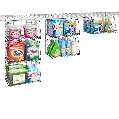 3-Tier Hanging Metal Laundry Basket：Foldable Laundry Room Organizer Wire Shelf Basket with 360°Rotating Hooks Space Saving Over Washer and Dryer Shelves - Closet Storage in Laundry Room Organizaton