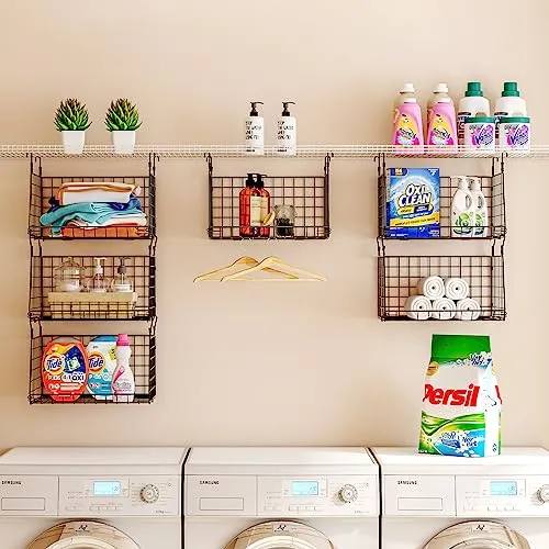 3-Tier Hanging Metal Laundry Basket：Foldable Laundry Room Organizer Wire Shelf Basket with 360°Rotating Hooks Space Saving Over Washer and Dryer Shelves - Closet Storage in Laundry Room Organizaton