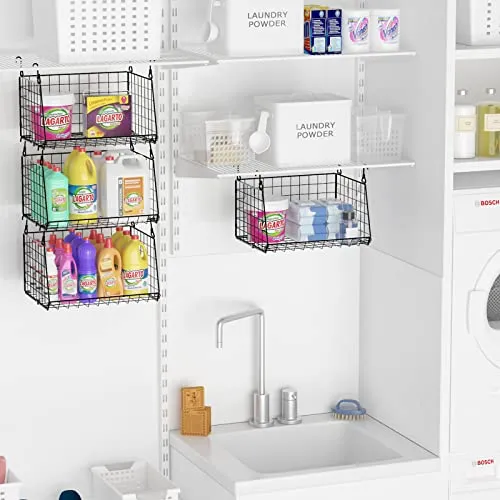 3-Tier Hanging Metal Laundry Basket：Foldable Laundry Room Organizer Wire Shelf Basket with 360°Rotating Hooks Space Saving Over Washer and Dryer Shelves - Closet Storage in Laundry Room Organizaton