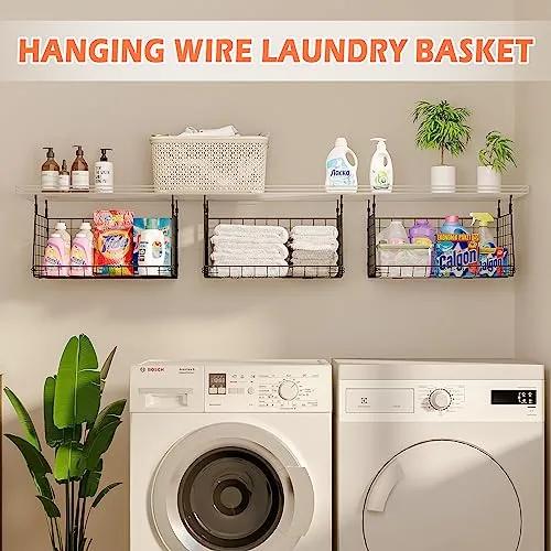 3-Tier Hanging Metal Laundry Basket：Foldable Laundry Room Organizer Wire Shelf Basket with 360°Rotating Hooks Space Saving Over Washer and Dryer Shelves - Closet Storage in Laundry Room Organizaton