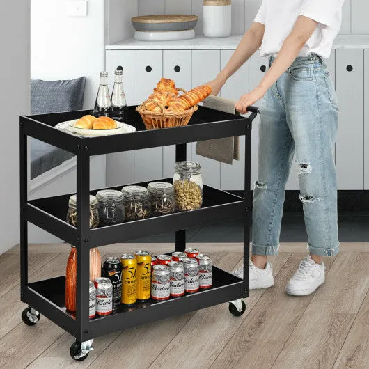 3-Tier Utility Cart Metal Mental Storage Service Trolley-Black