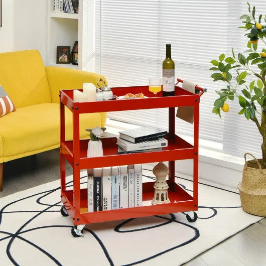 3-Tier Utility Cart Metal Mental Storage Service Trolley-Red