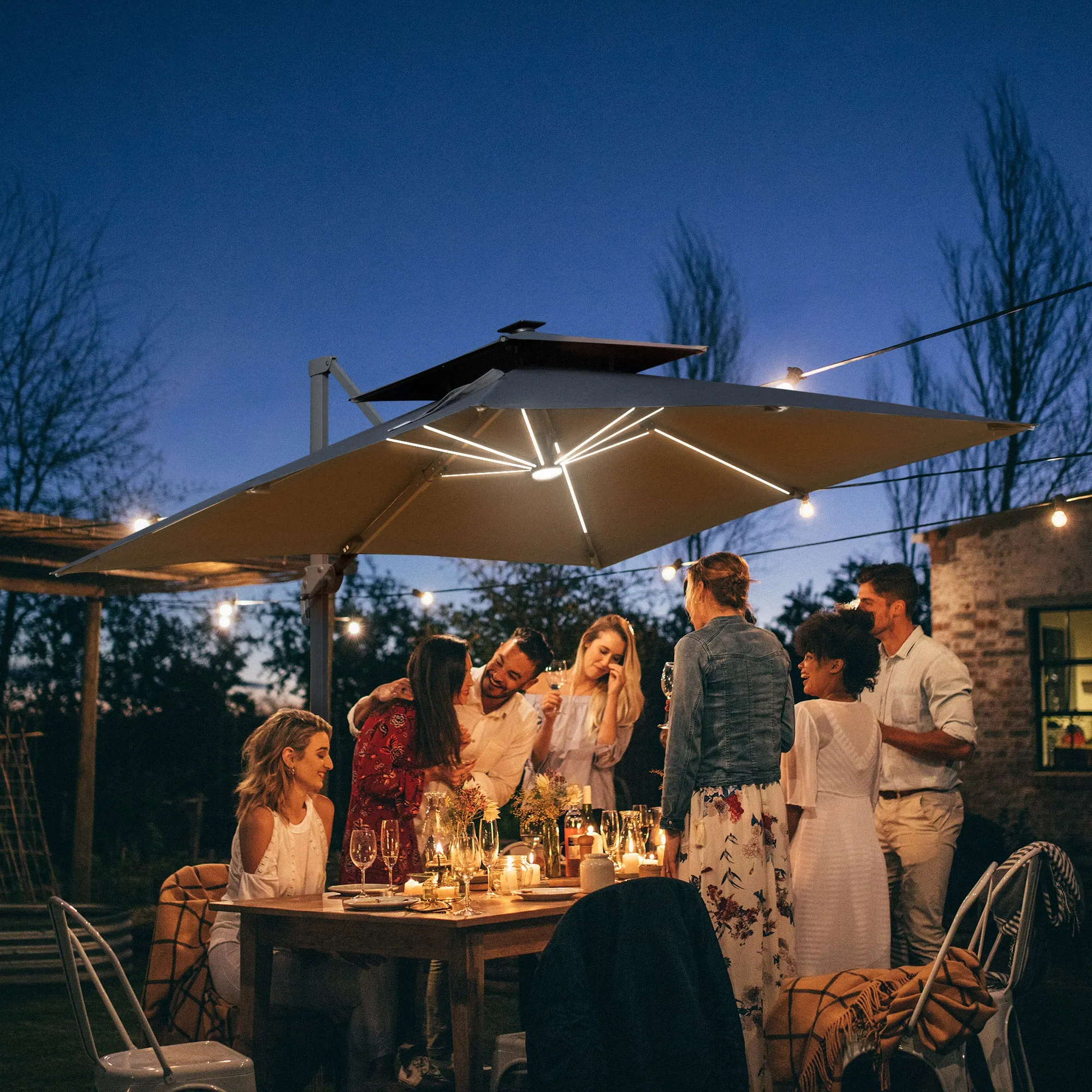 3m Cantilever Parasol, Outdoor Offset Patio Umbrella, Solar LED Lighted Hanging Sun Shade Canopy w/ Tilt and Crank Handle, Cross Base, Grey