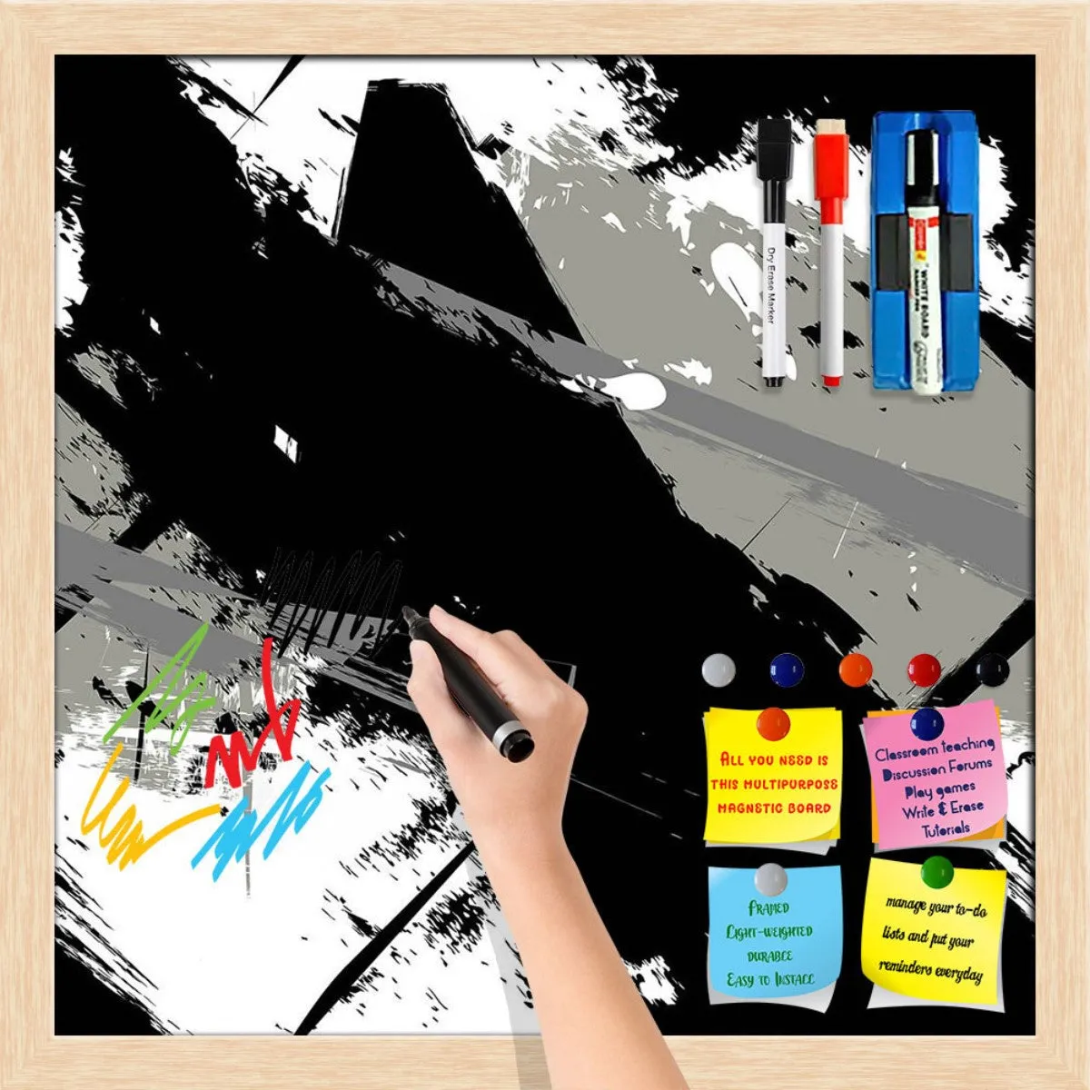 Abstract Art Grunge Pattern Framed Magnetic Dry Erase Board | Combo with Magnet Buttons & Markers