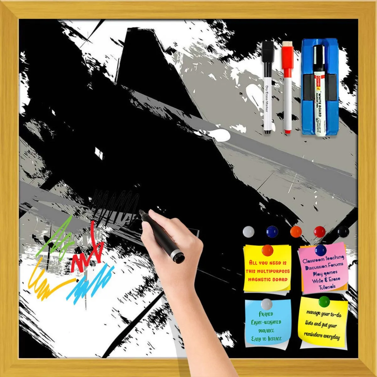 Abstract Art Grunge Pattern Framed Magnetic Dry Erase Board | Combo with Magnet Buttons & Markers