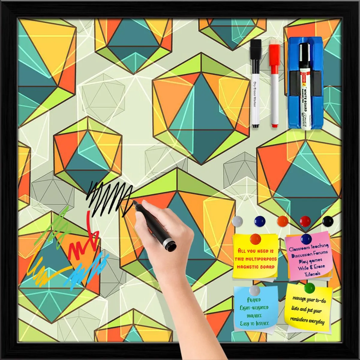Abstract Colorful Icosahedrons Framed Magnetic Dry Erase Board | Combo with Magnet Buttons & Markers