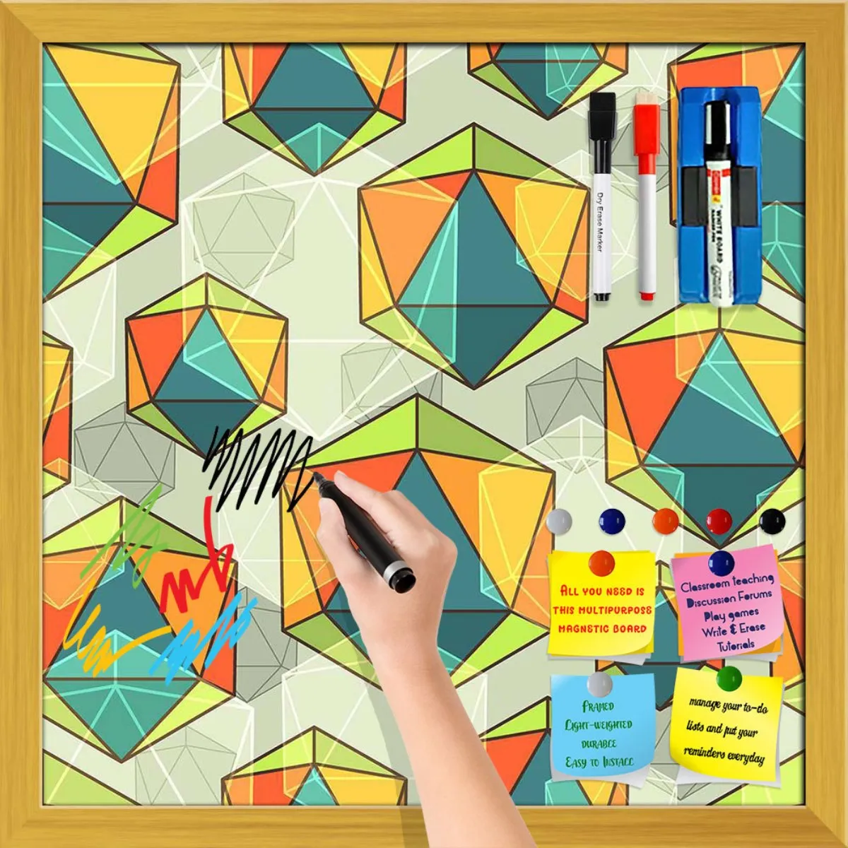 Abstract Colorful Icosahedrons Framed Magnetic Dry Erase Board | Combo with Magnet Buttons & Markers