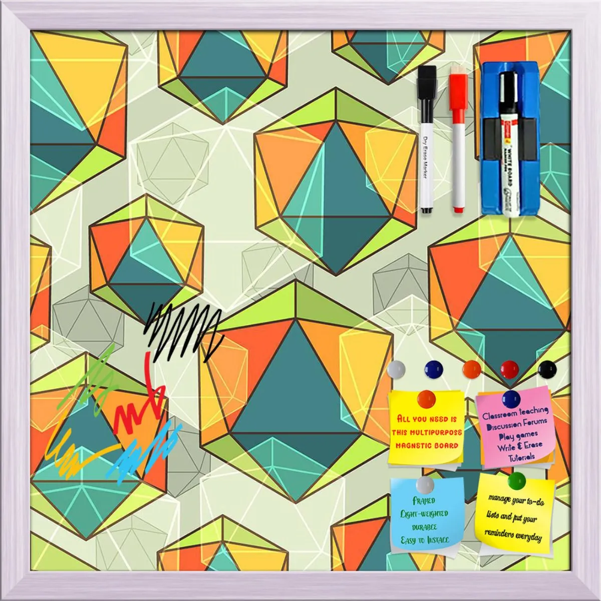 Abstract Colorful Icosahedrons Framed Magnetic Dry Erase Board | Combo with Magnet Buttons & Markers