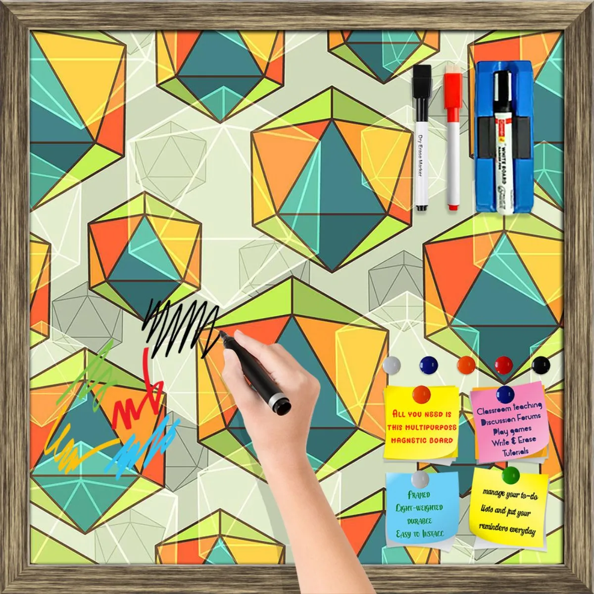 Abstract Colorful Icosahedrons Framed Magnetic Dry Erase Board | Combo with Magnet Buttons & Markers