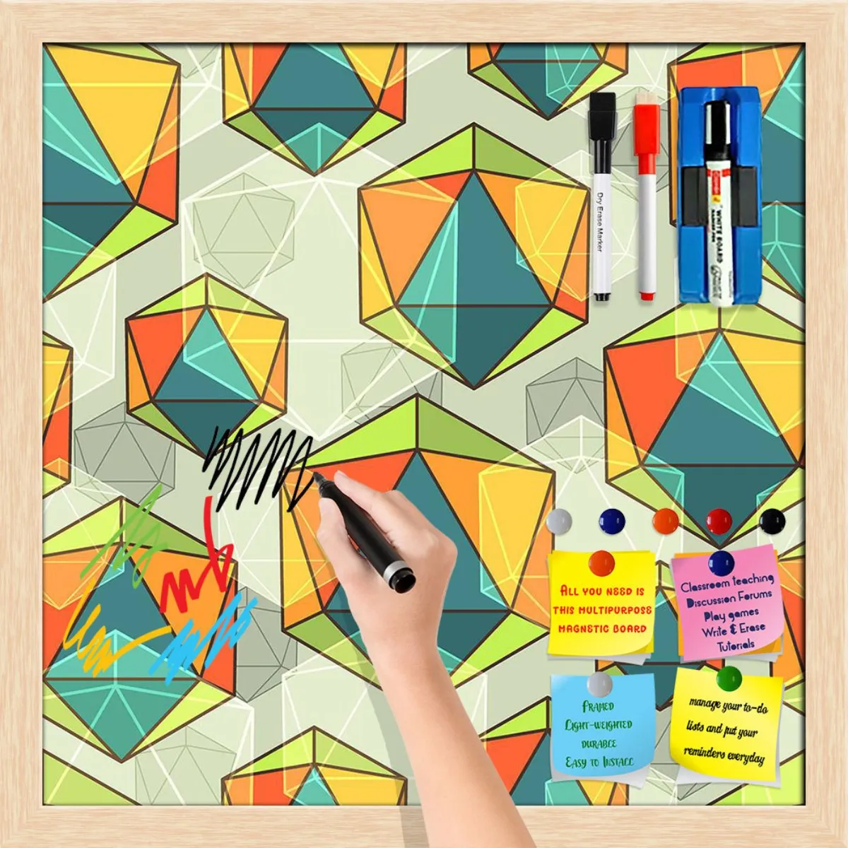 Abstract Colorful Icosahedrons Framed Magnetic Dry Erase Board | Combo with Magnet Buttons & Markers