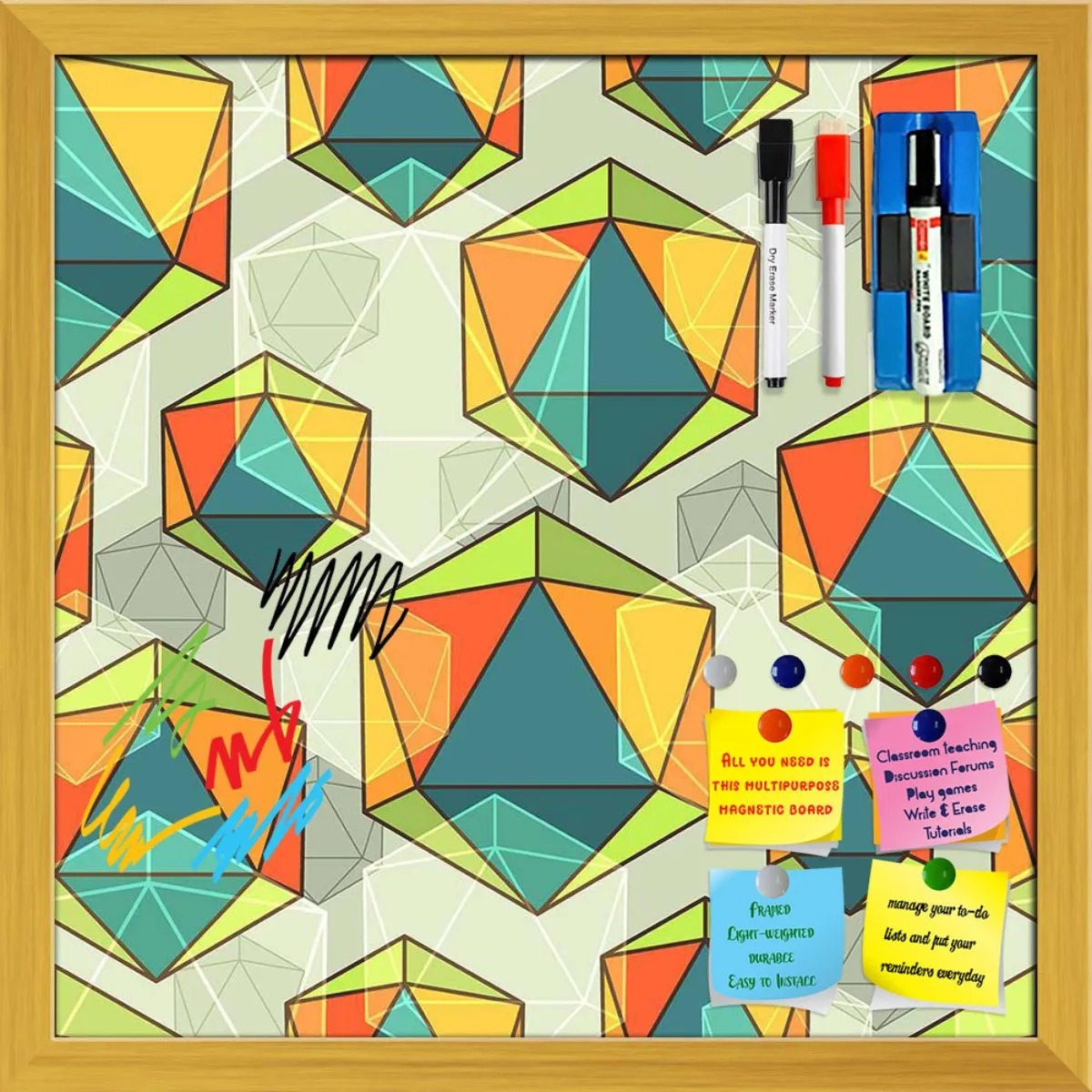 Abstract Colorful Icosahedrons Framed Magnetic Dry Erase Board | Combo with Magnet Buttons & Markers