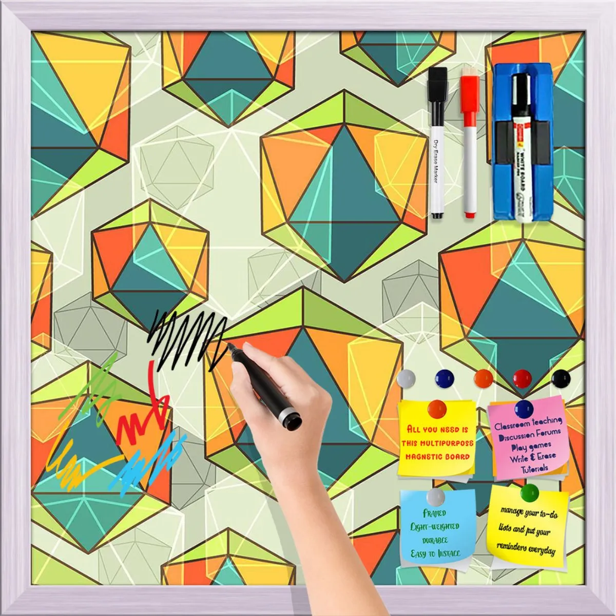 Abstract Colorful Icosahedrons Framed Magnetic Dry Erase Board | Combo with Magnet Buttons & Markers