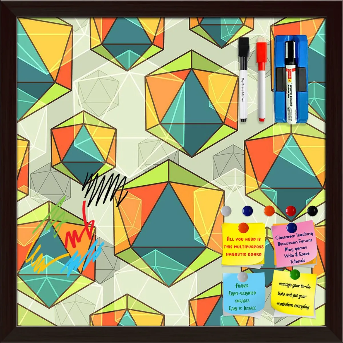 Abstract Colorful Icosahedrons Framed Magnetic Dry Erase Board | Combo with Magnet Buttons & Markers