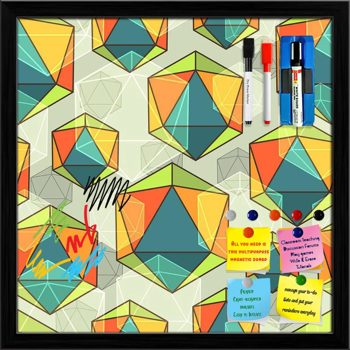 Abstract Colorful Icosahedrons Framed Magnetic Dry Erase Board | Combo with Magnet Buttons & Markers