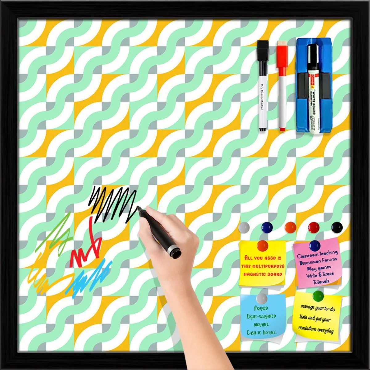 Abstract Geometric 3D Pattern D3 Framed Magnetic Dry Erase Board | Combo with Magnet Buttons & Markers