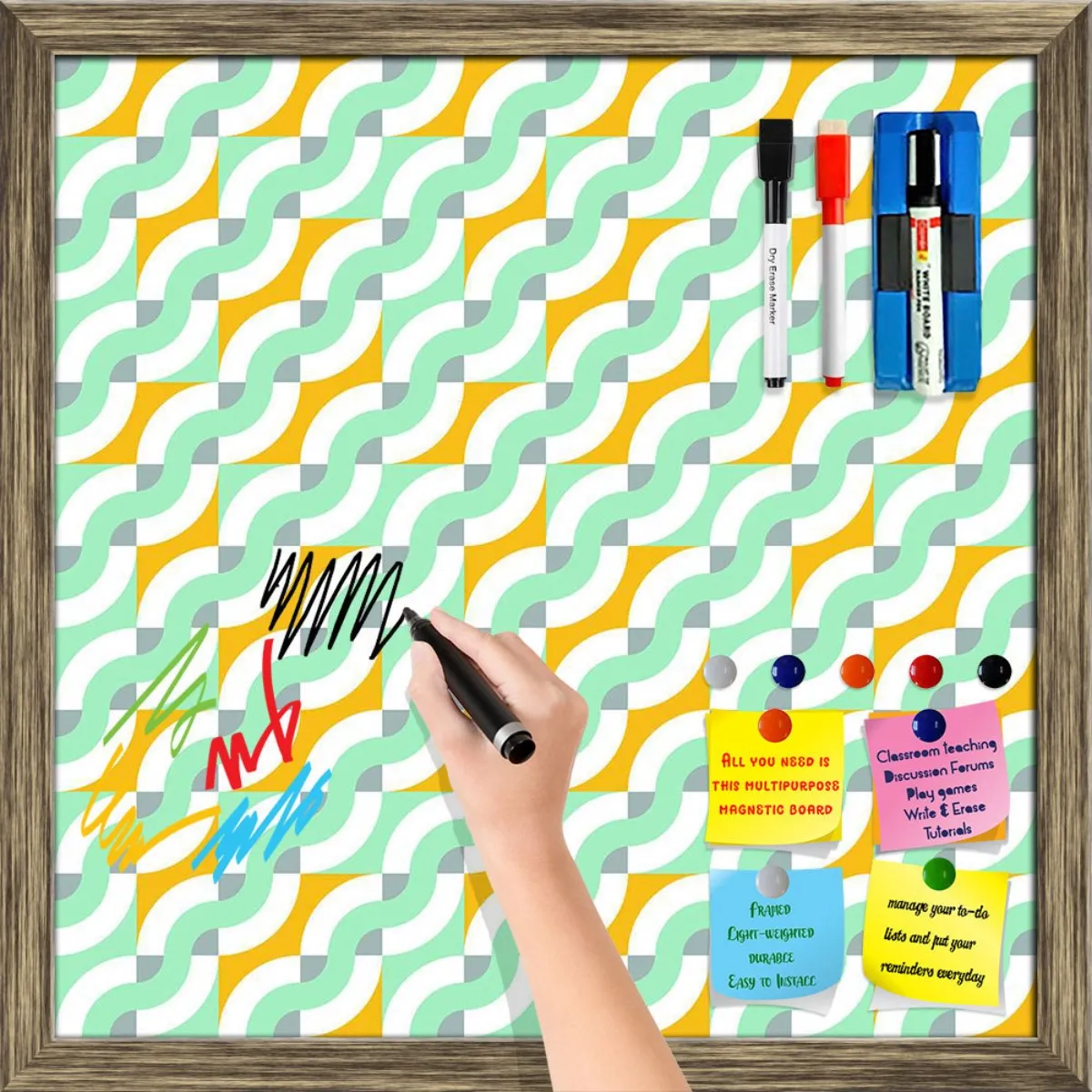 Abstract Geometric 3D Pattern D3 Framed Magnetic Dry Erase Board | Combo with Magnet Buttons & Markers