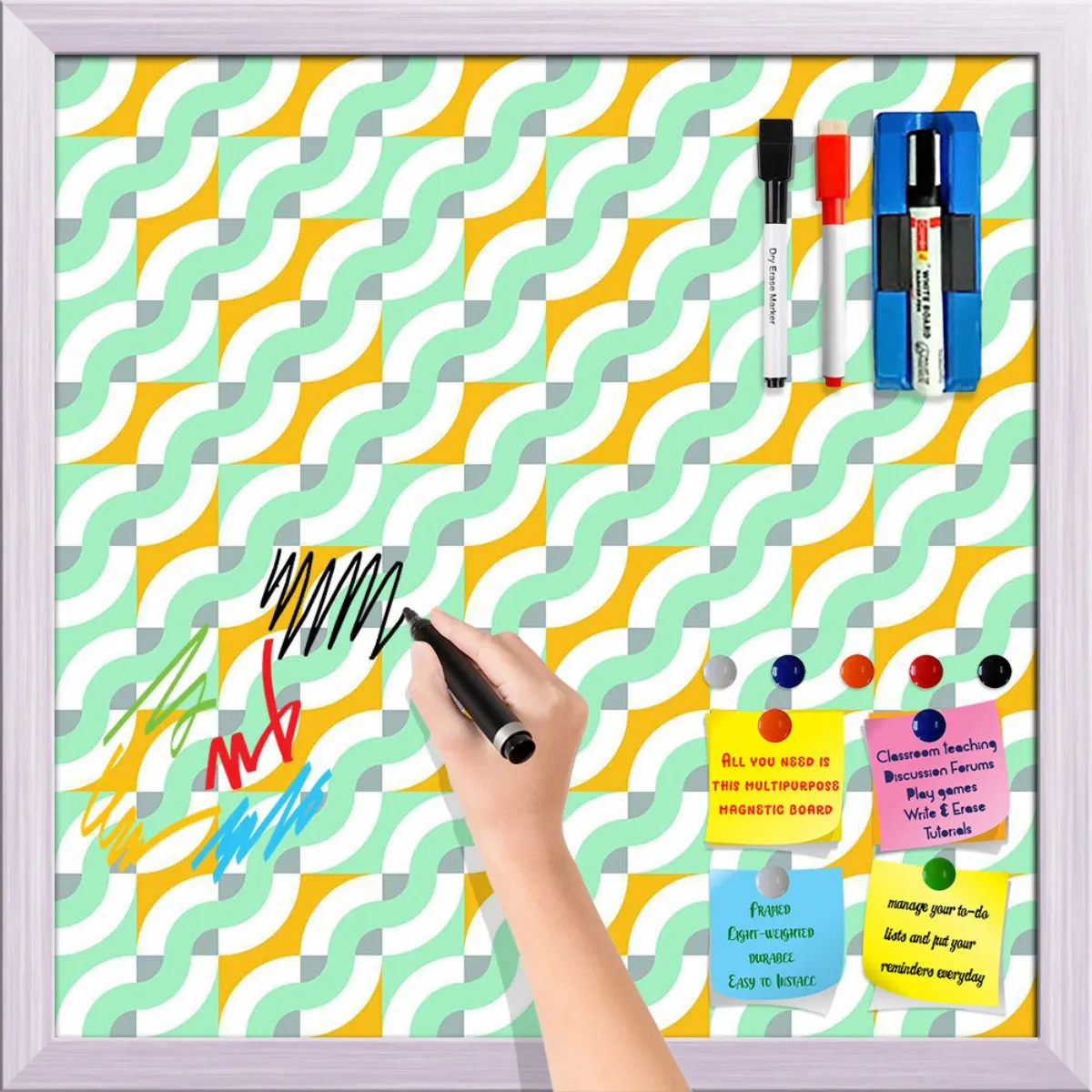 Abstract Geometric 3D Pattern D3 Framed Magnetic Dry Erase Board | Combo with Magnet Buttons & Markers