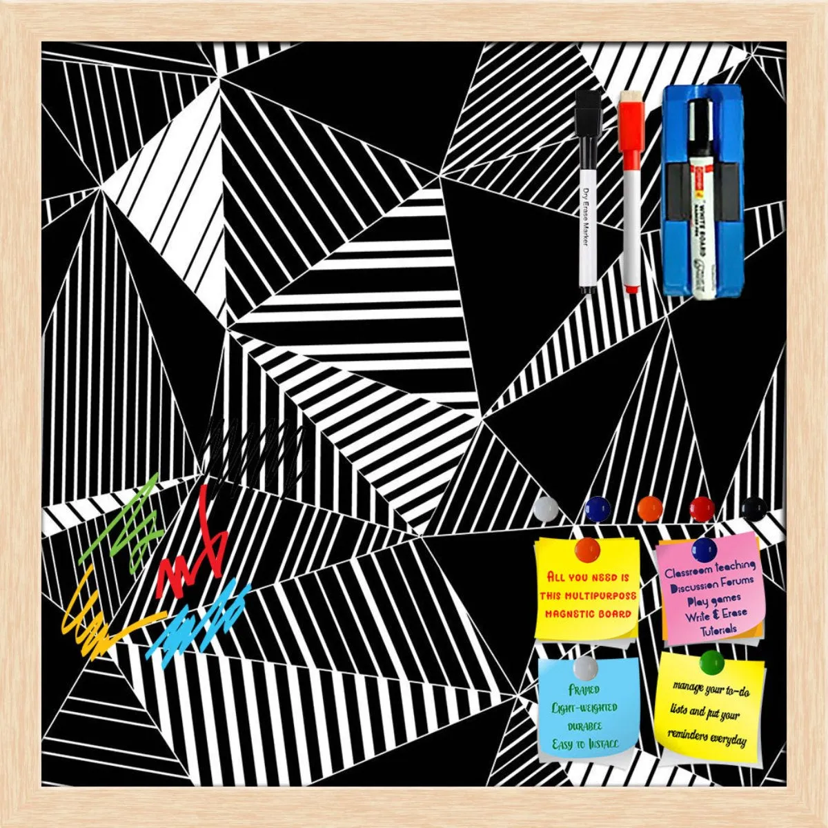 Abstract Geometric Black And White Triangles Framed Magnetic Dry Erase Board | Combo with Magnet Buttons & Markers