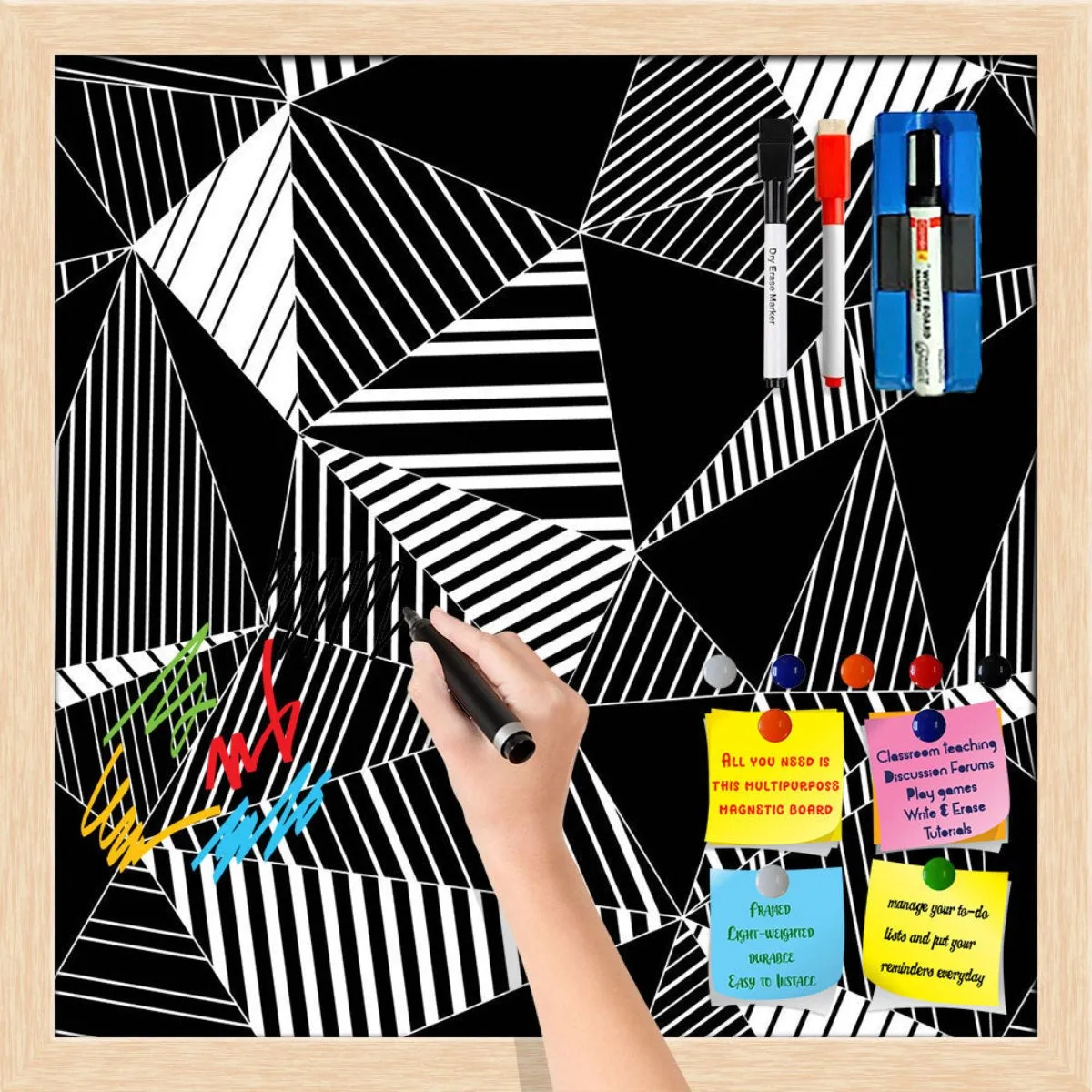 Abstract Geometric Black And White Triangles Framed Magnetic Dry Erase Board | Combo with Magnet Buttons & Markers