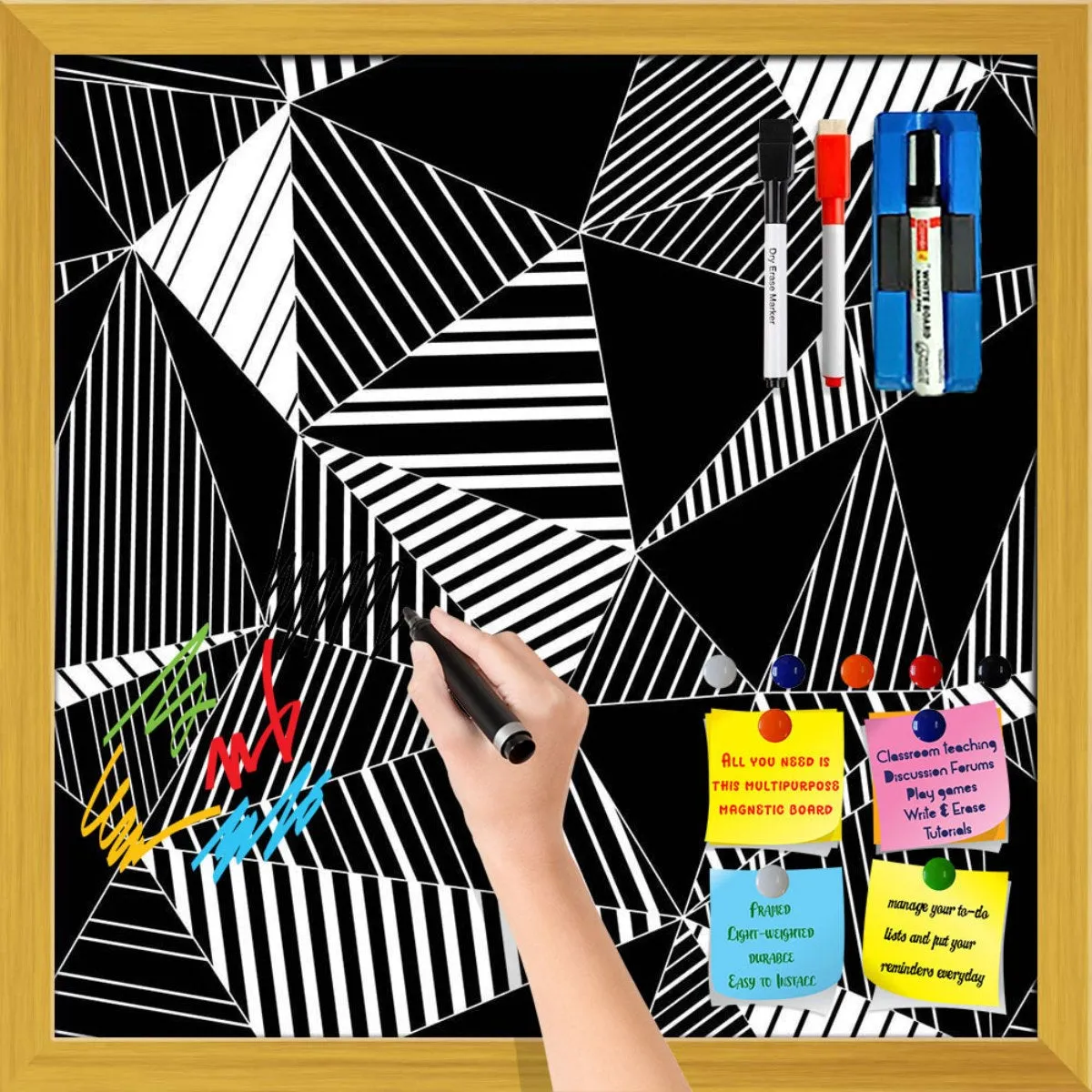 Abstract Geometric Black And White Triangles Framed Magnetic Dry Erase Board | Combo with Magnet Buttons & Markers
