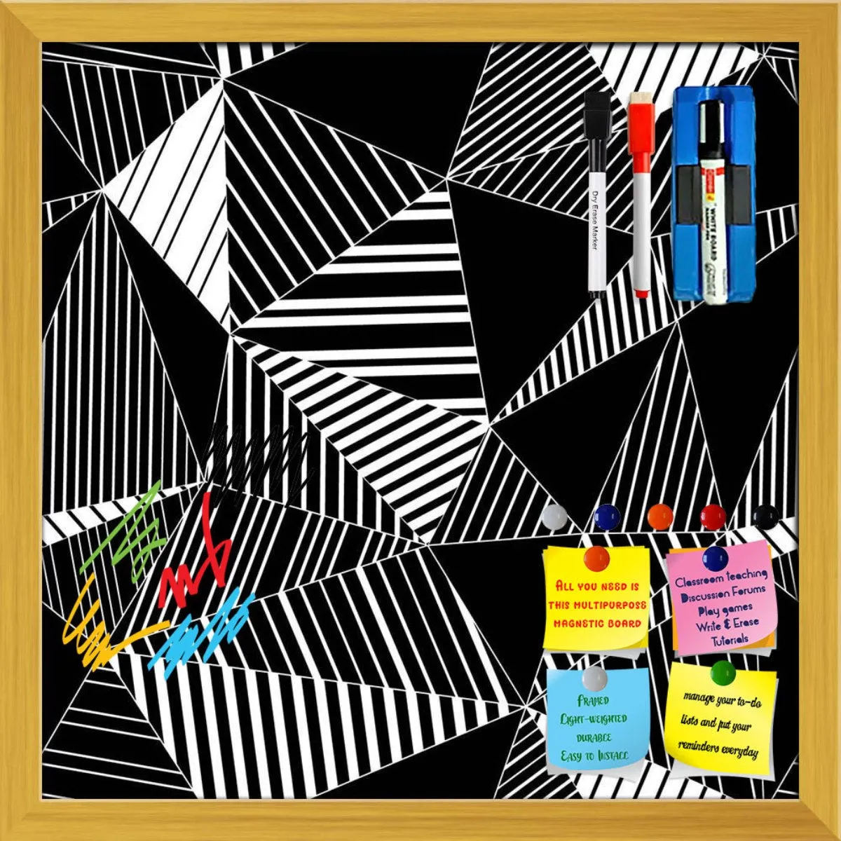 Abstract Geometric Black And White Triangles Framed Magnetic Dry Erase Board | Combo with Magnet Buttons & Markers
