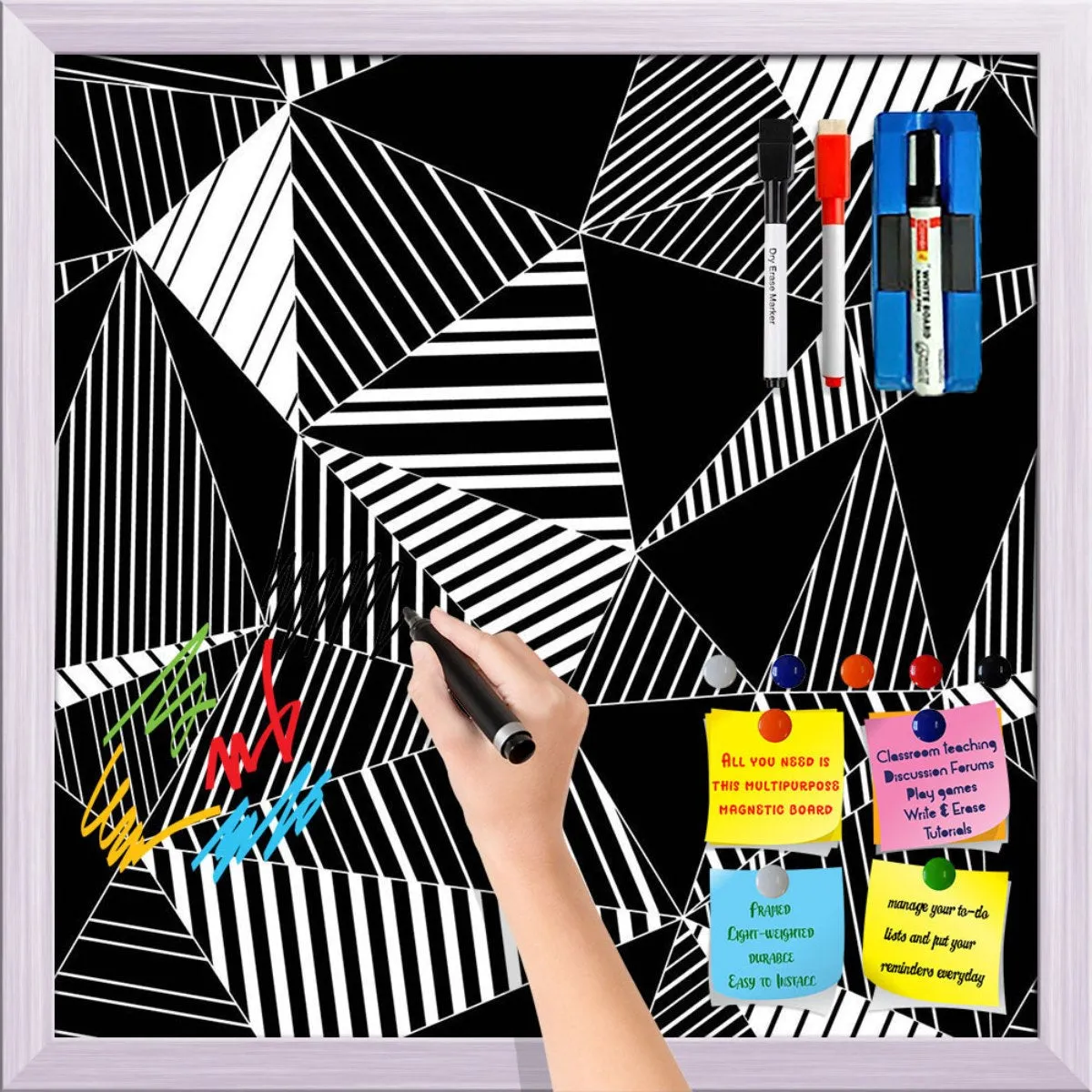 Abstract Geometric Black And White Triangles Framed Magnetic Dry Erase Board | Combo with Magnet Buttons & Markers