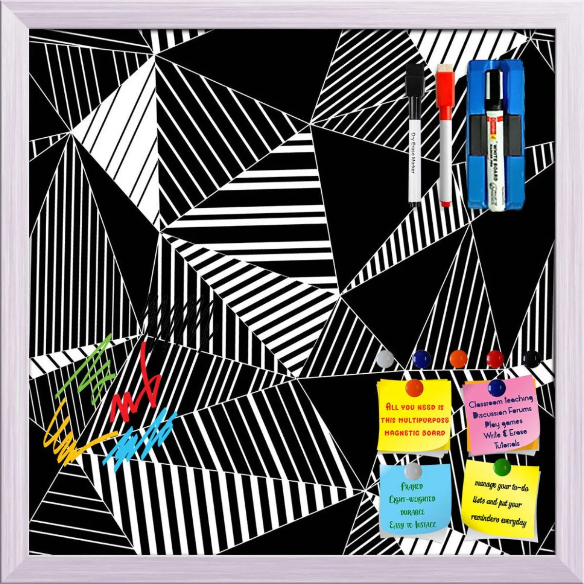 Abstract Geometric Black And White Triangles Framed Magnetic Dry Erase Board | Combo with Magnet Buttons & Markers
