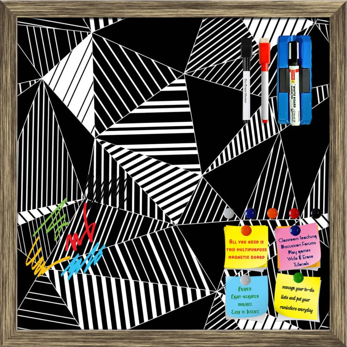Abstract Geometric Black And White Triangles Framed Magnetic Dry Erase Board | Combo with Magnet Buttons & Markers