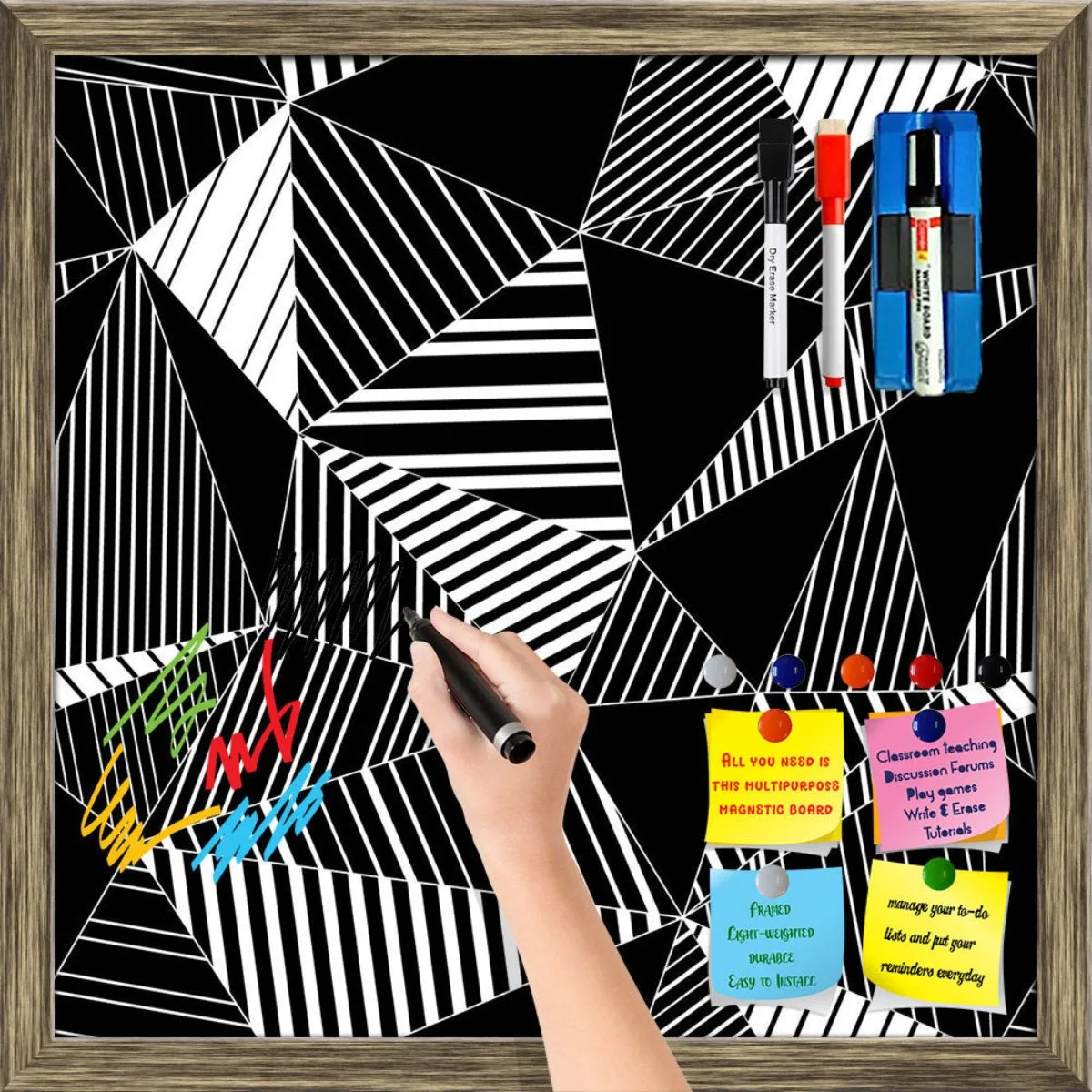 Abstract Geometric Black And White Triangles Framed Magnetic Dry Erase Board | Combo with Magnet Buttons & Markers