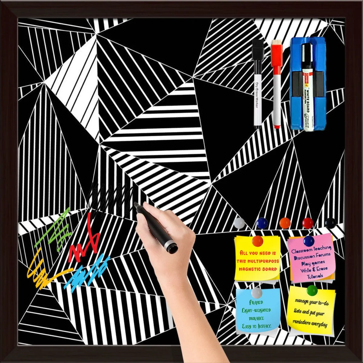 Abstract Geometric Black And White Triangles Framed Magnetic Dry Erase Board | Combo with Magnet Buttons & Markers