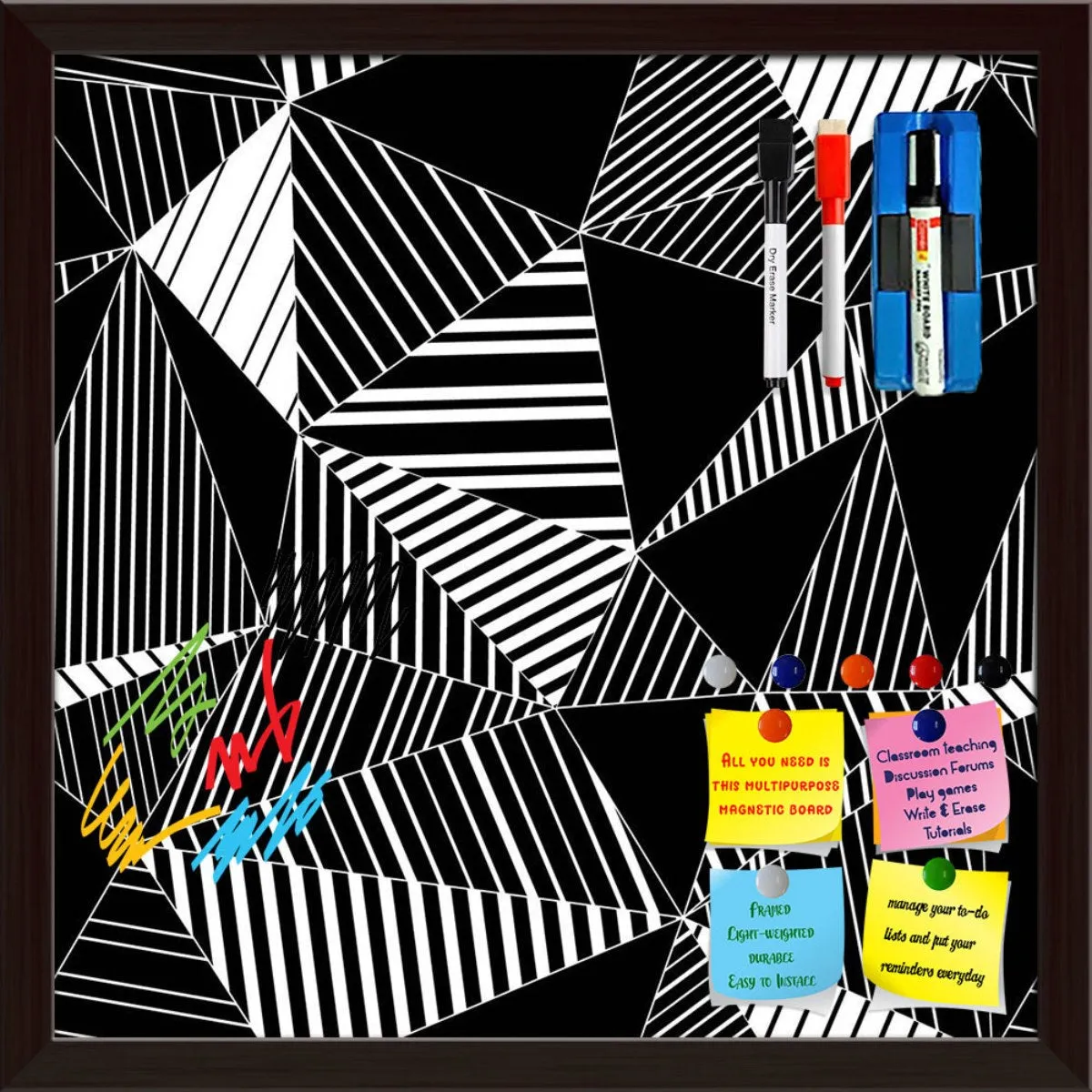 Abstract Geometric Black And White Triangles Framed Magnetic Dry Erase Board | Combo with Magnet Buttons & Markers