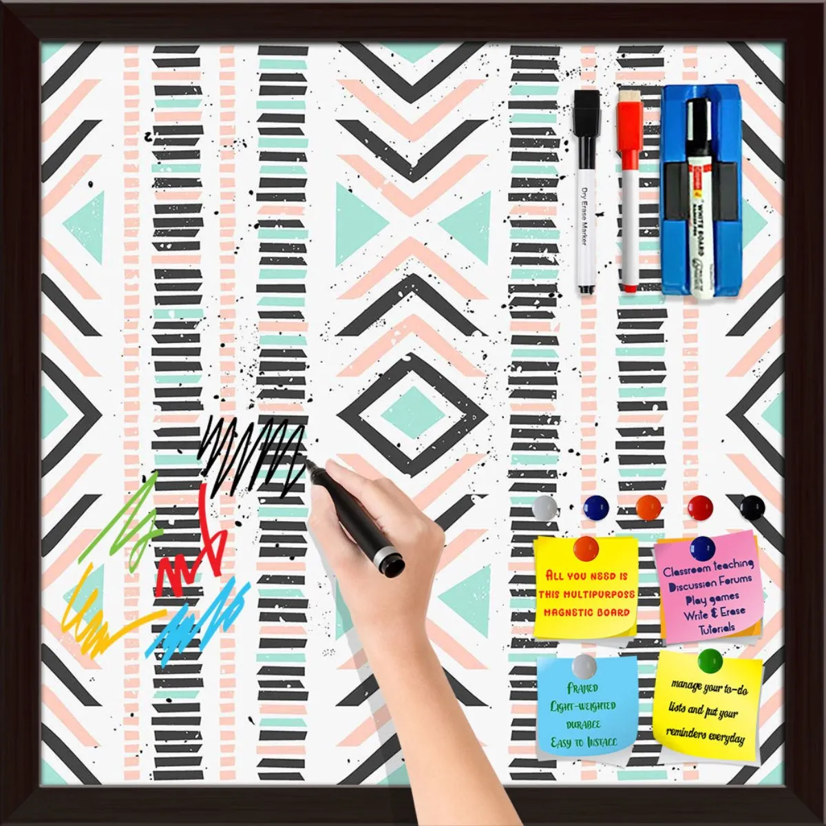 Abstract Geometric Pattern D1 Framed Magnetic Dry Erase Board | Combo with Magnet Buttons & Markers