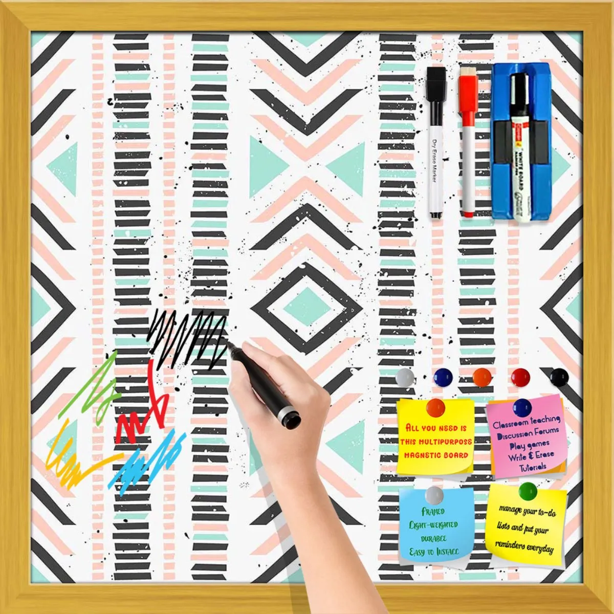 Abstract Geometric Pattern D1 Framed Magnetic Dry Erase Board | Combo with Magnet Buttons & Markers