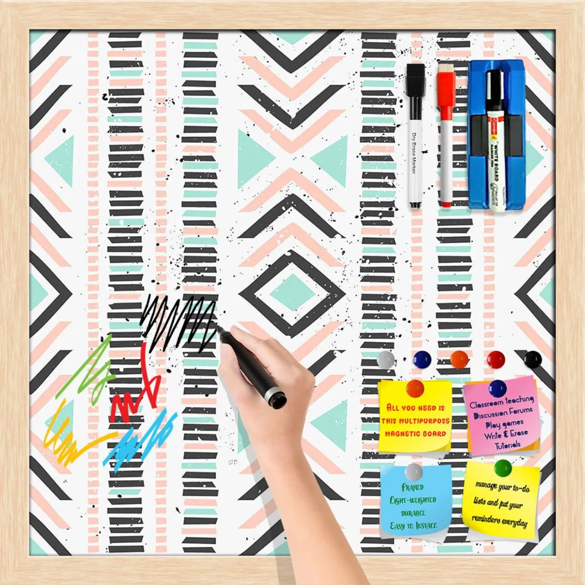 Abstract Geometric Pattern D1 Framed Magnetic Dry Erase Board | Combo with Magnet Buttons & Markers