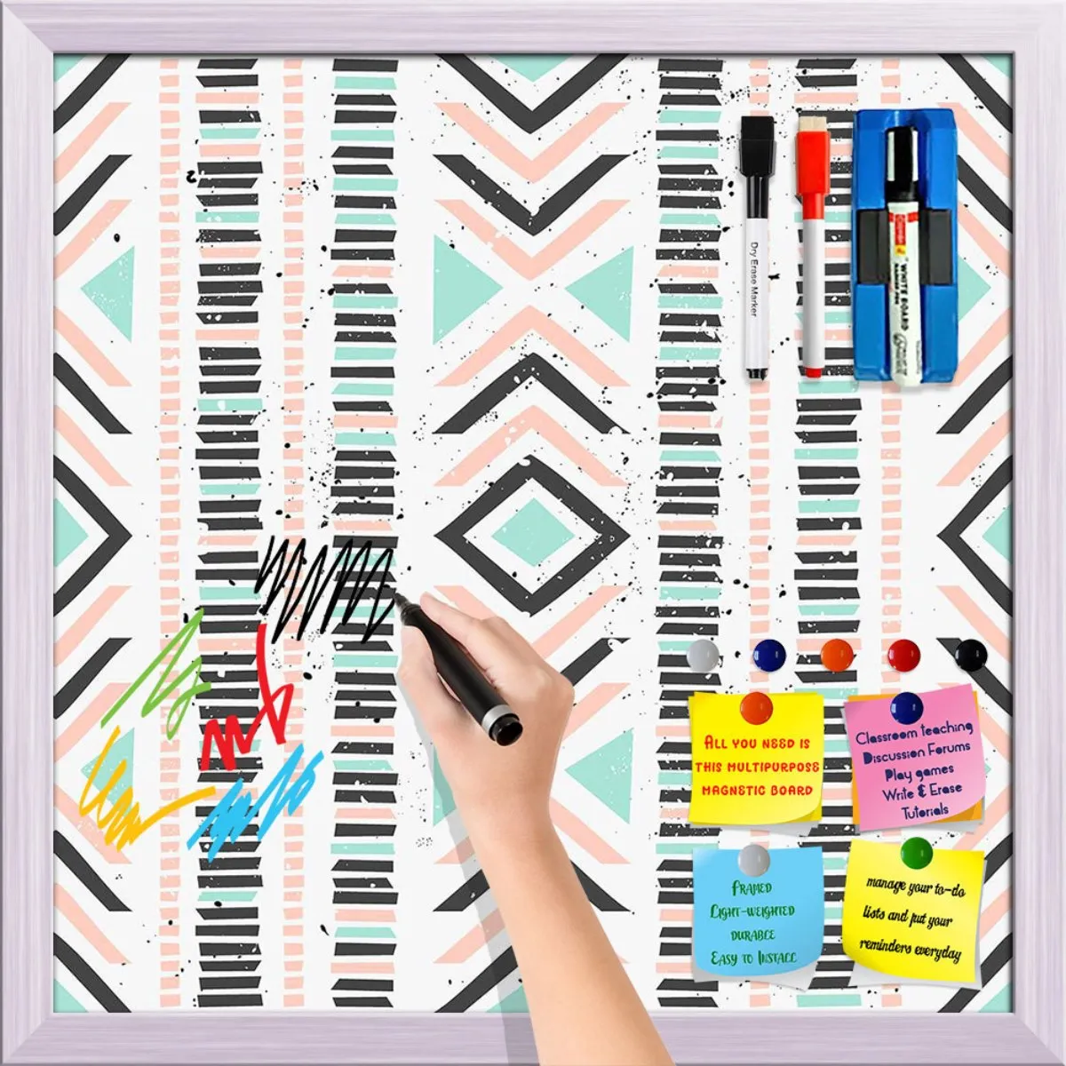 Abstract Geometric Pattern D1 Framed Magnetic Dry Erase Board | Combo with Magnet Buttons & Markers