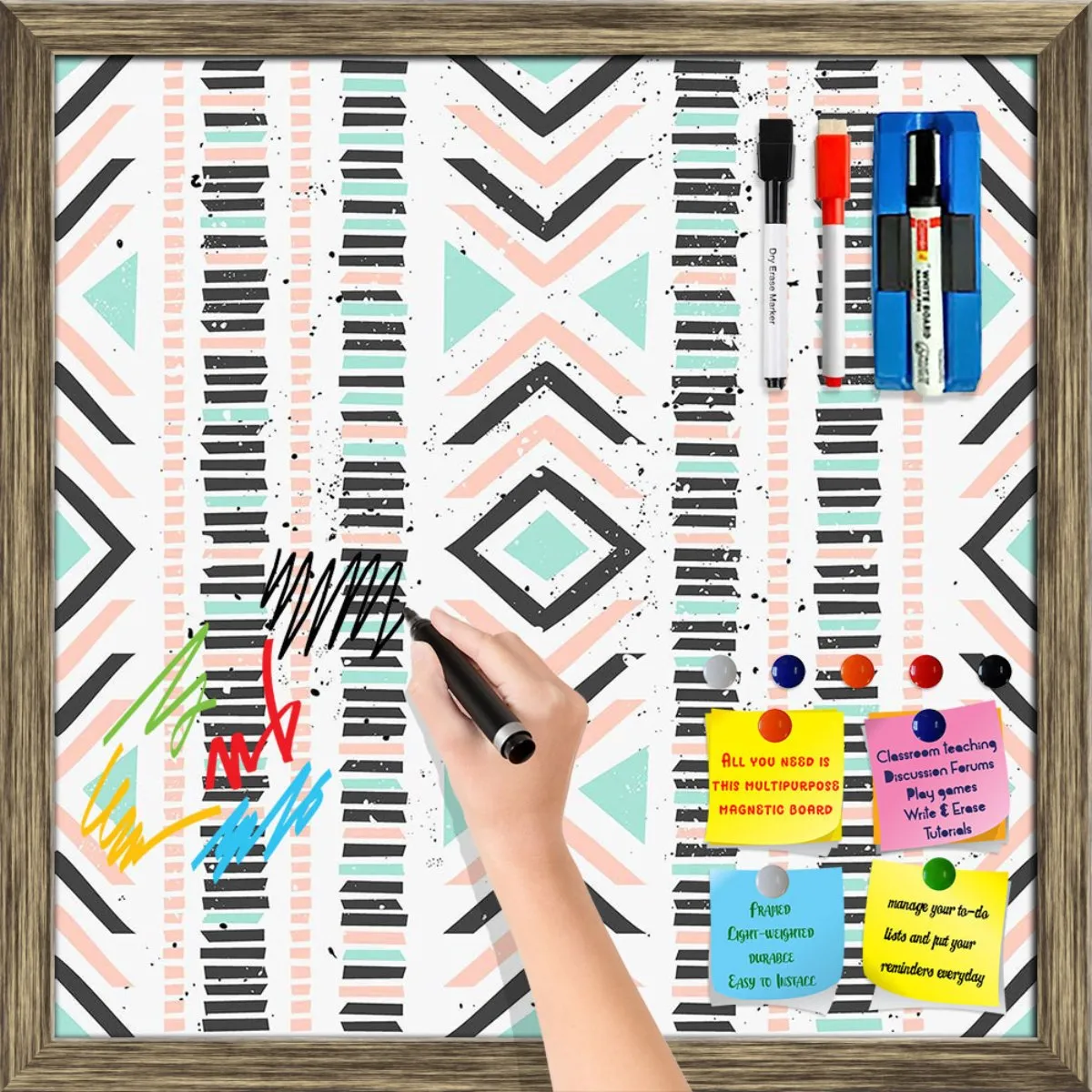 Abstract Geometric Pattern D1 Framed Magnetic Dry Erase Board | Combo with Magnet Buttons & Markers