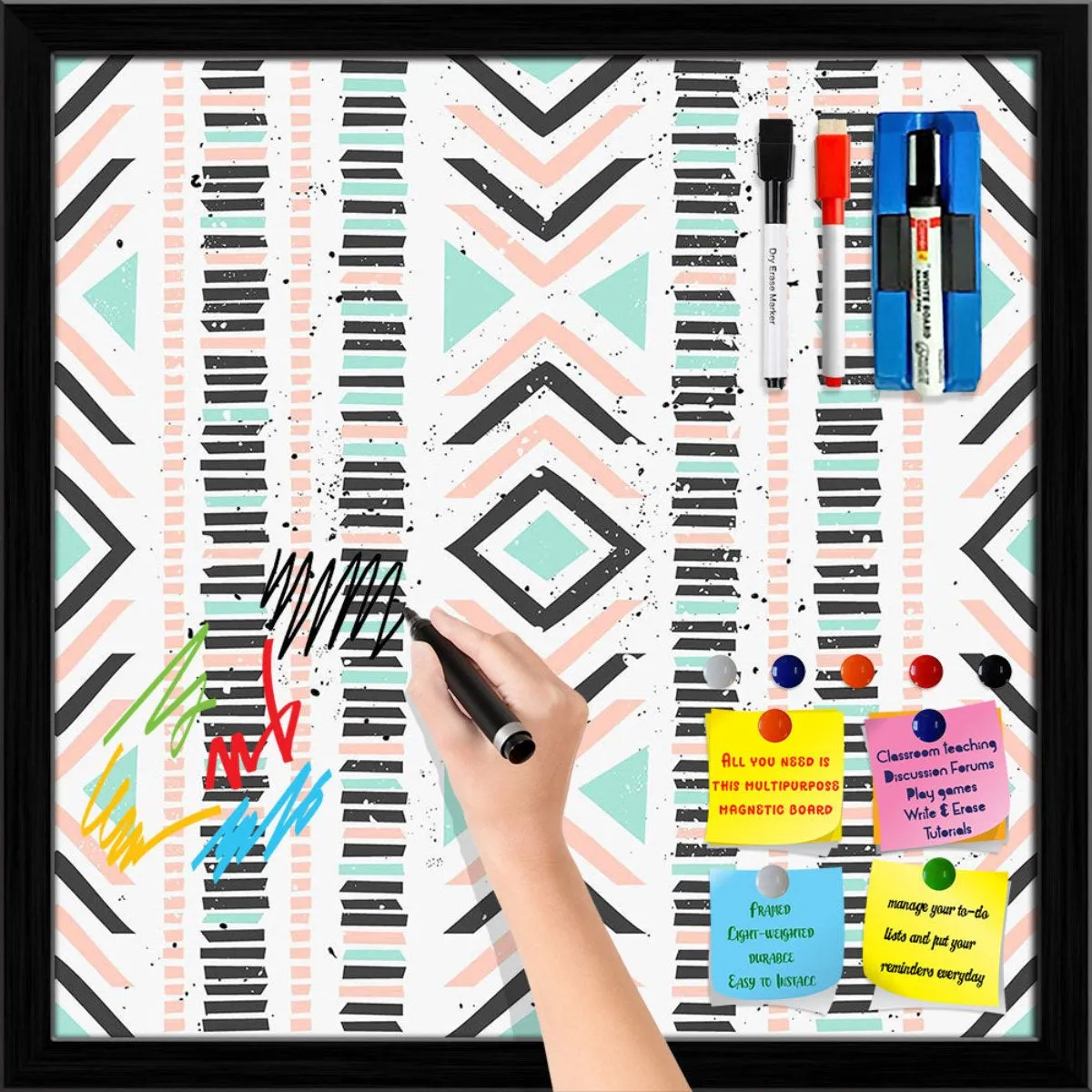 Abstract Geometric Pattern D1 Framed Magnetic Dry Erase Board | Combo with Magnet Buttons & Markers