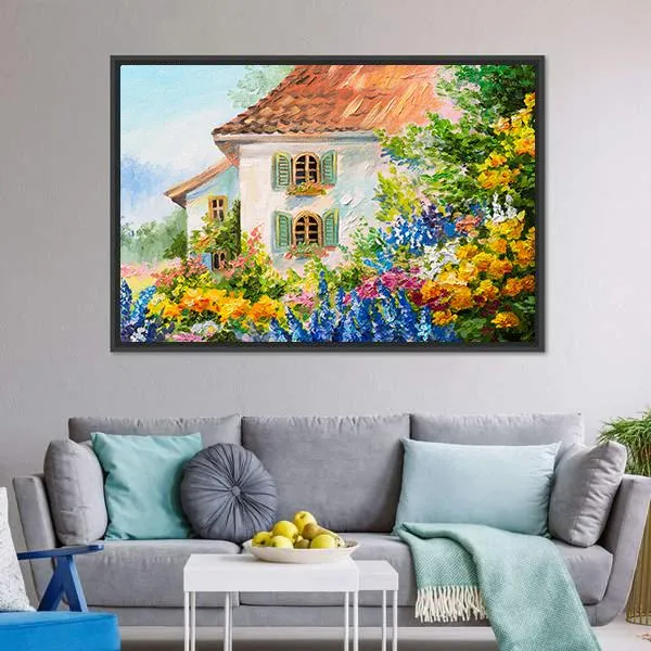 Abstract House In Flower Garden Canvas Wall Art