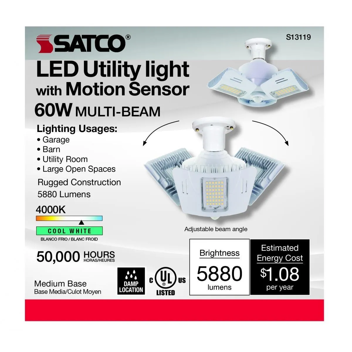 Adjustable LED Utility Light with Motion Sensor, 60 Watts, 5900 Lumens, 4000K, E26 Base, 120-277V