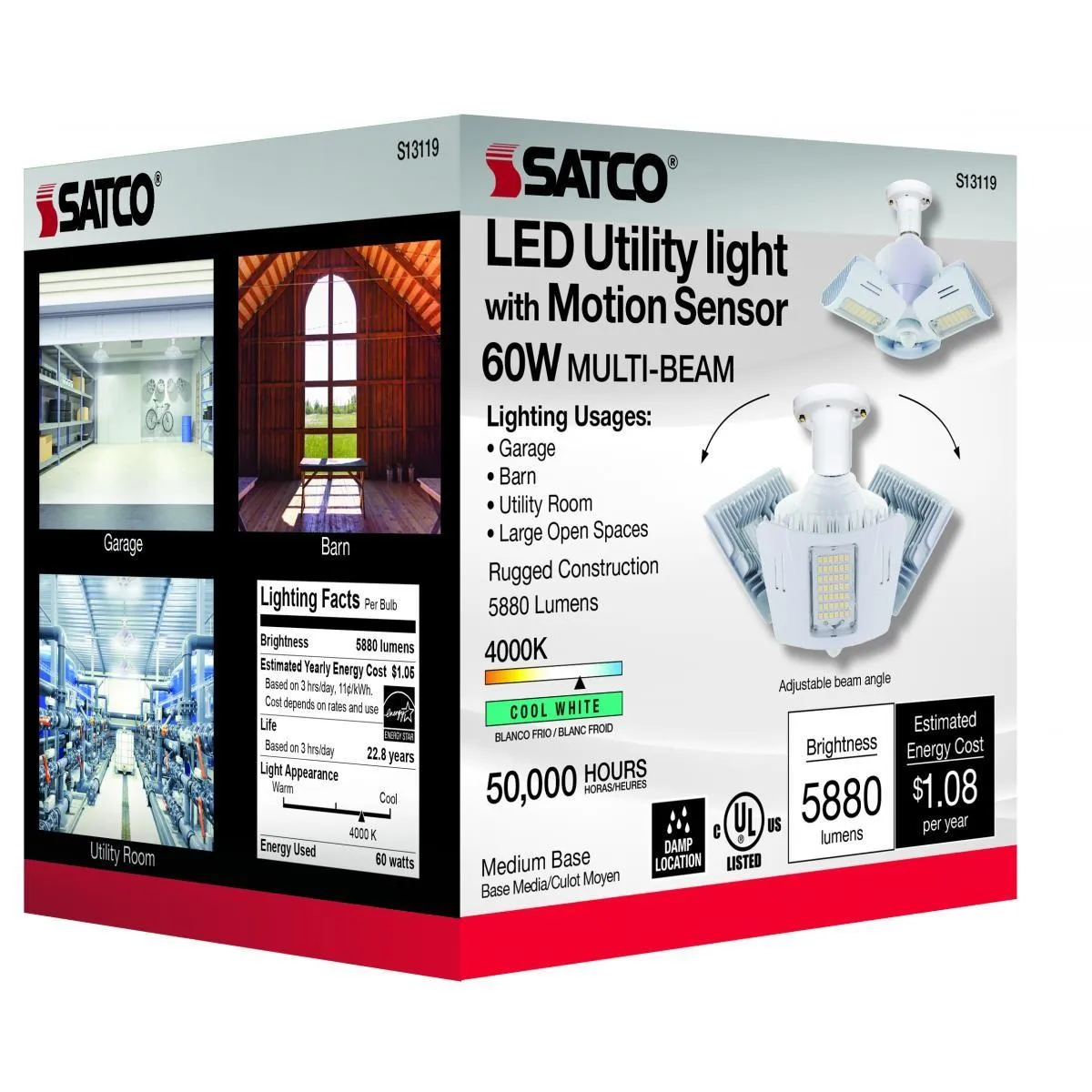 Adjustable LED Utility Light with Motion Sensor, 60 Watts, 5900 Lumens, 4000K, E26 Base, 120-277V