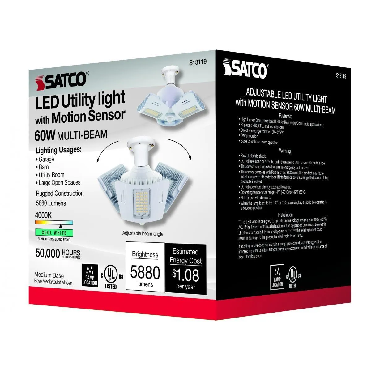 Adjustable LED Utility Light with Motion Sensor, 60 Watts, 5900 Lumens, 4000K, E26 Base, 120-277V