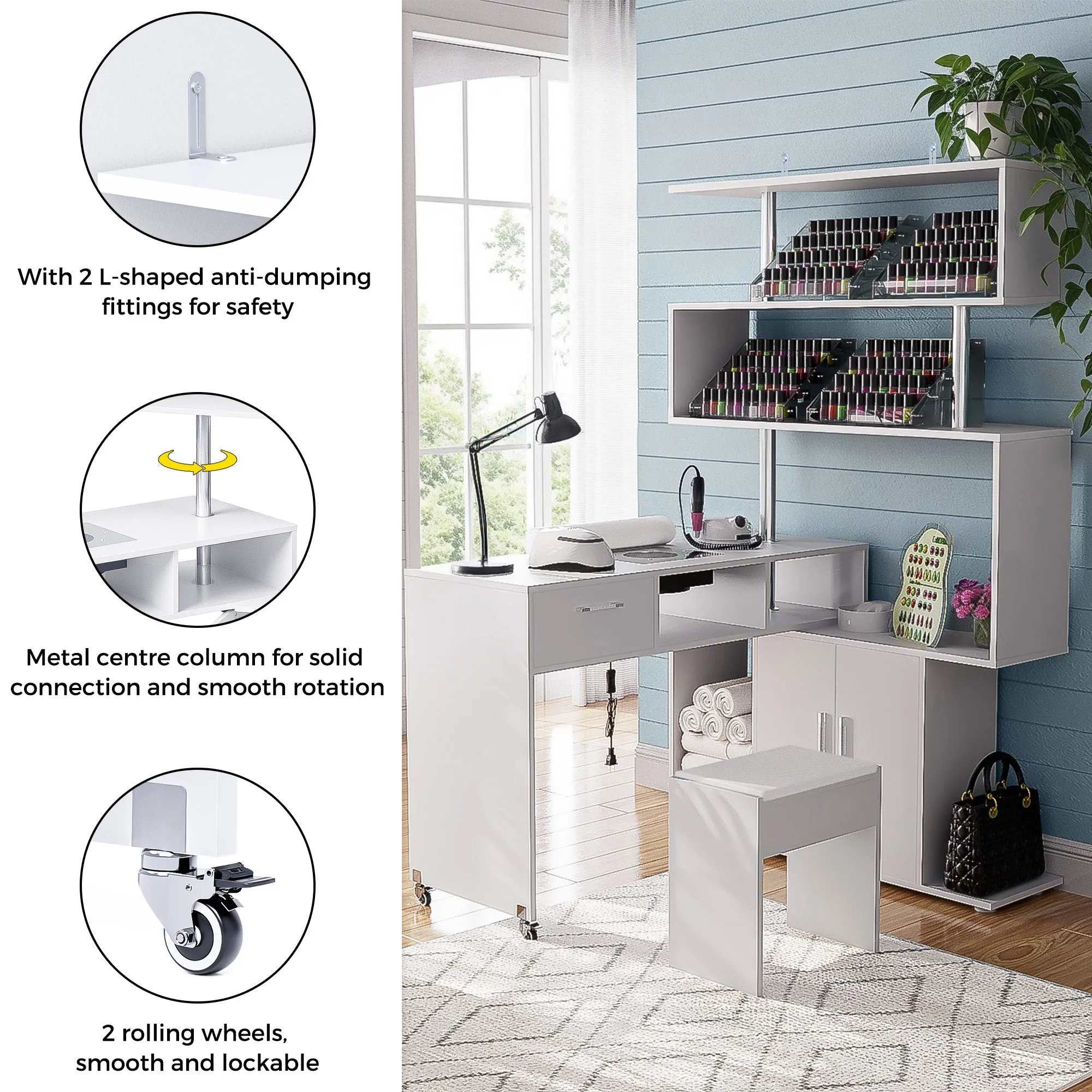 Advwin Rotating Manicure Table Nail Desk with Stool(Pre-sale, ETA Late December)