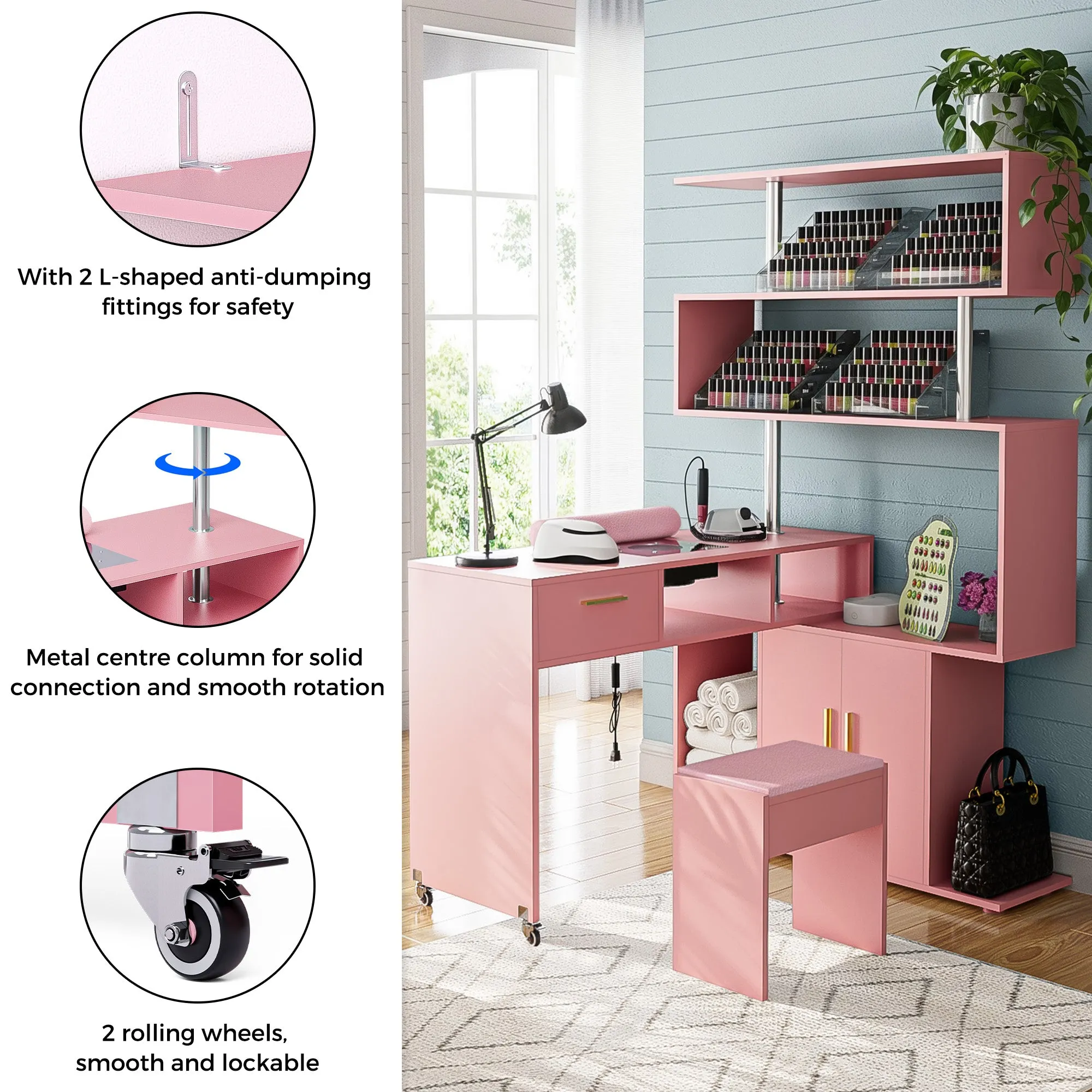 Advwin Rotating Manicure Table Nail Desk with Stool(Pre-sale, ETA Late December)
