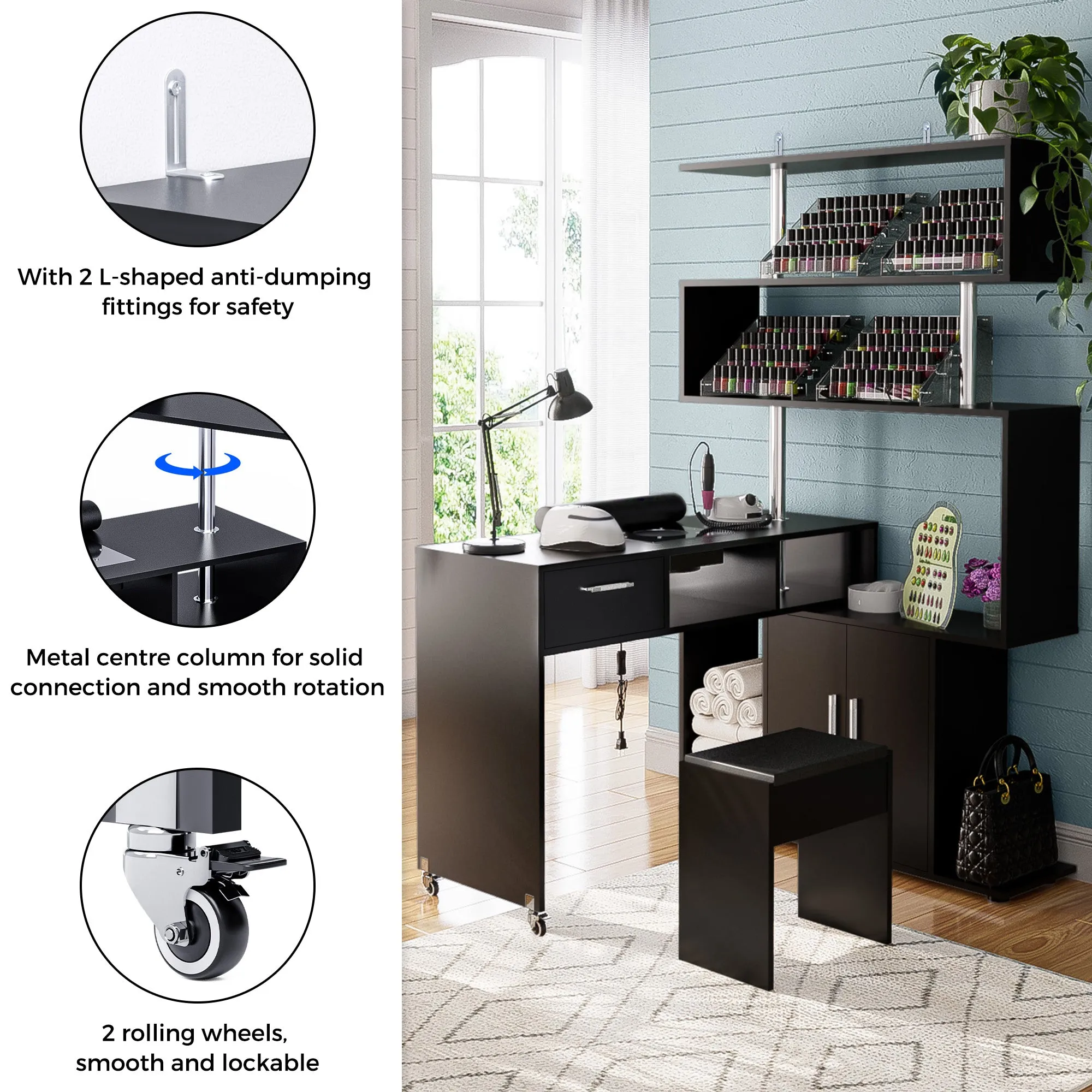 Advwin Rotating Manicure Table Nail Desk with Stool(Pre-sale, ETA Late December)