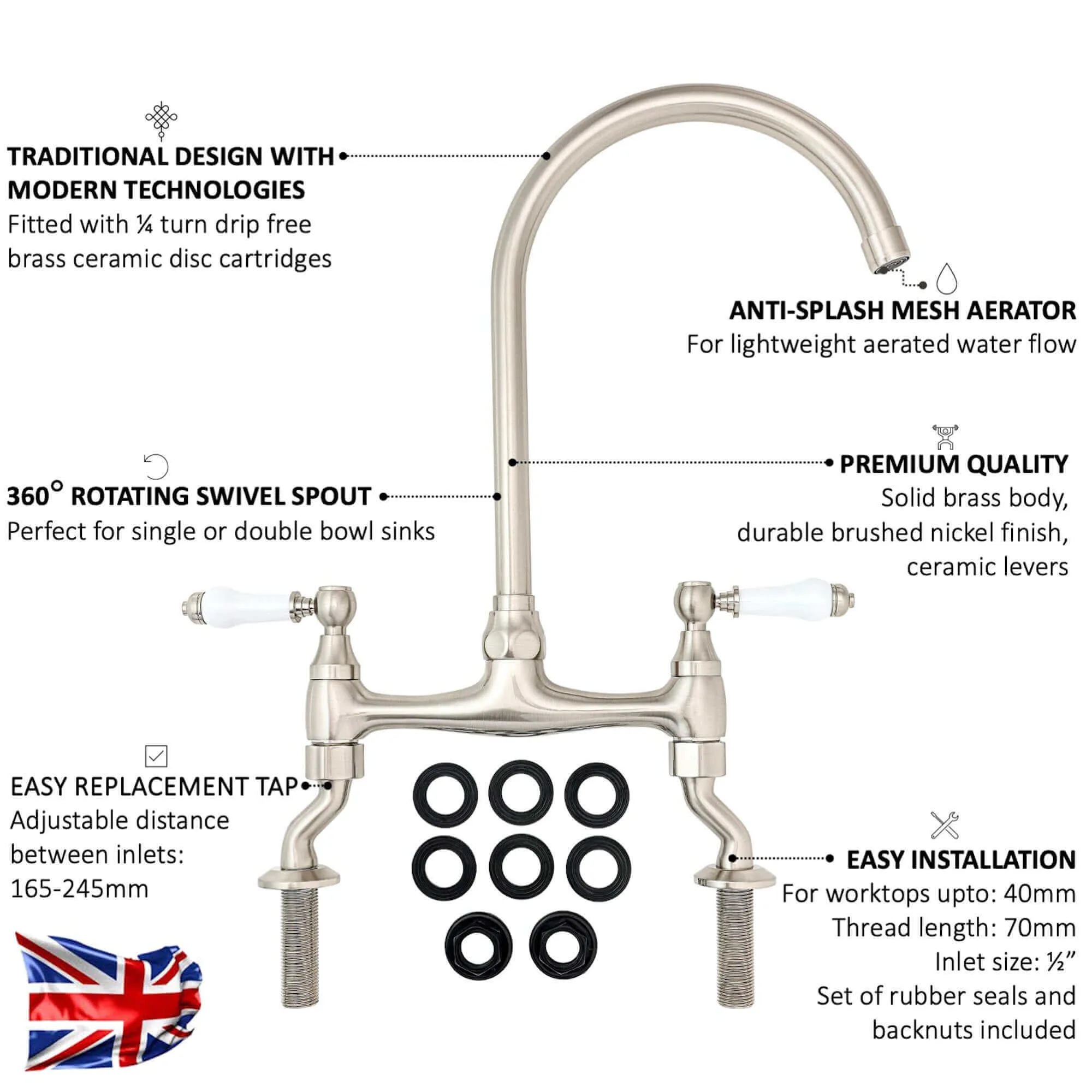 Astbury traditional bridge kitchen mixer  tap with white ceramic levers deck mounted - brushed nickel