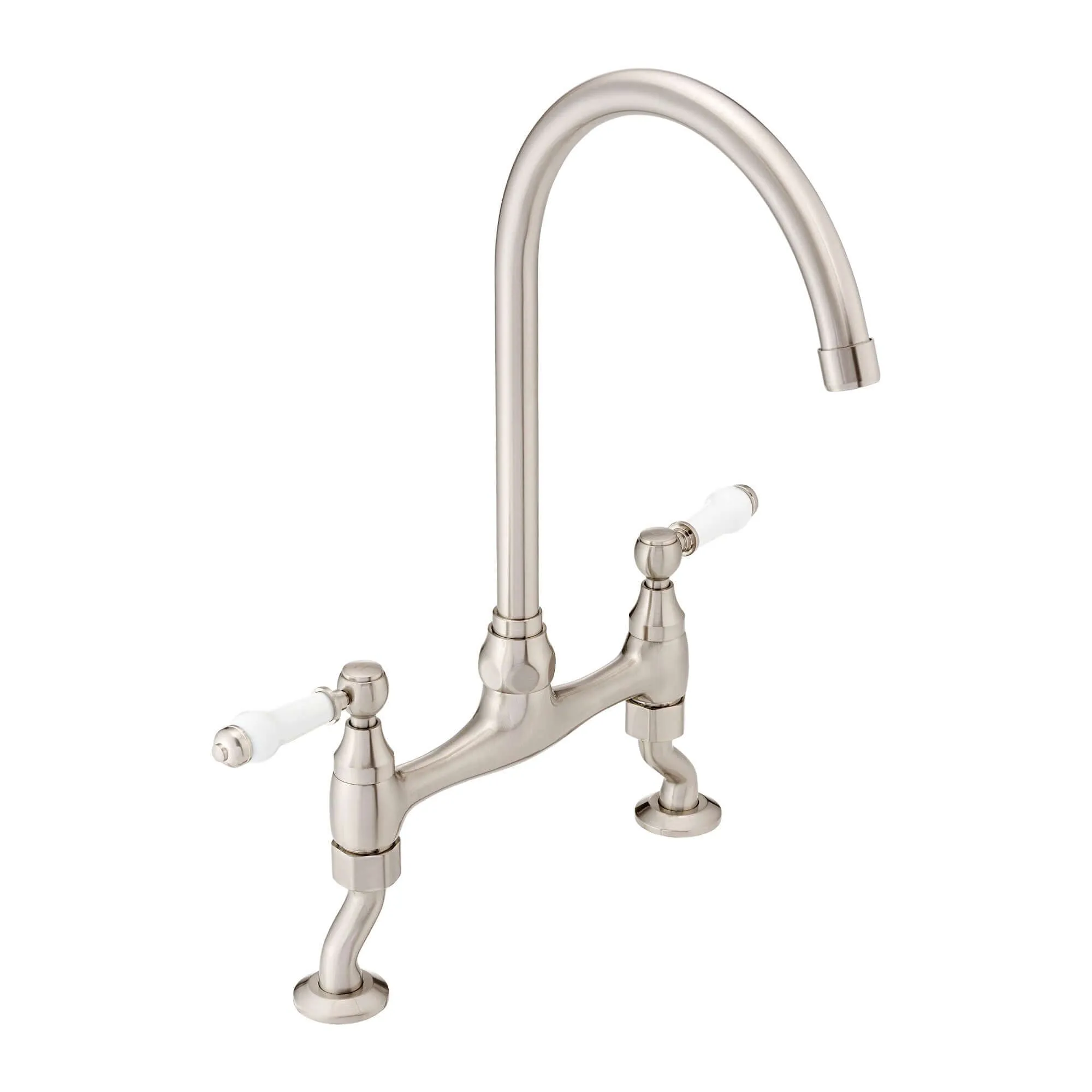 Astbury traditional bridge kitchen mixer  tap with white ceramic levers deck mounted - brushed nickel