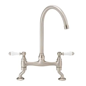 Astbury traditional bridge kitchen mixer  tap with white ceramic levers deck mounted - brushed nickel