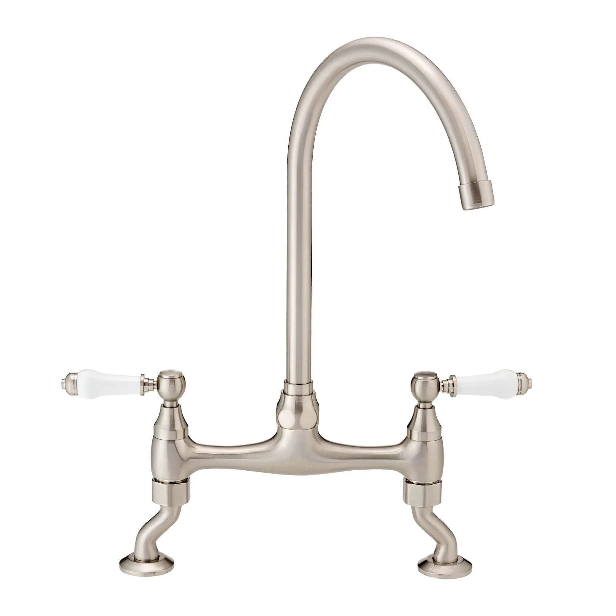 Astbury traditional bridge kitchen mixer  tap with white ceramic levers deck mounted - brushed nickel